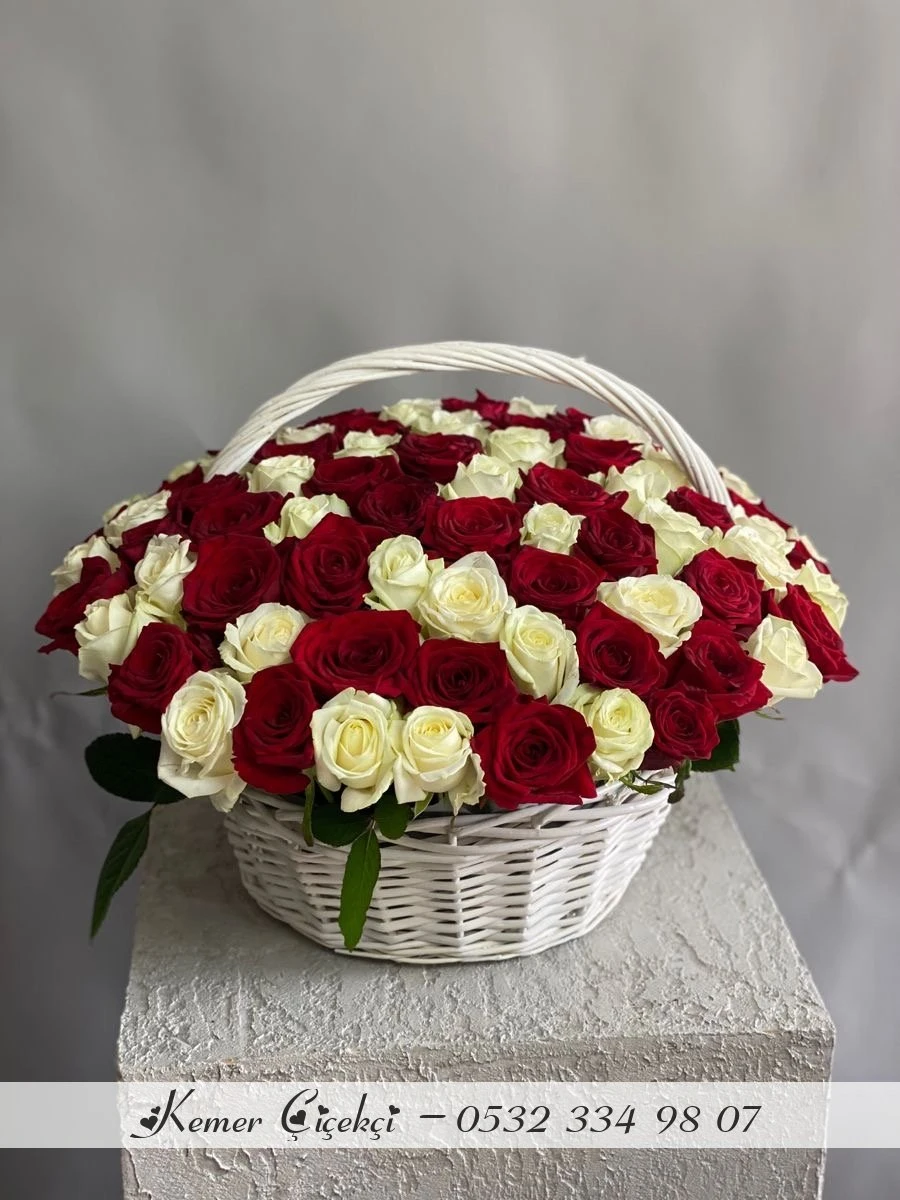 Hasir Sepette 101 Adet Kirmizi Beyaz Gül